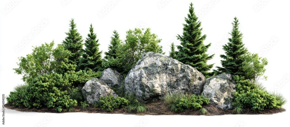 Poster lush green coniferous trees with varying shades of green surrounded by large rocky boulders on a whi