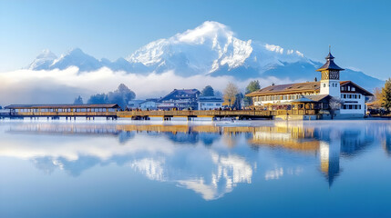 Fototapeta premium Swiss Alps lake sunrise bridge reflection tourism