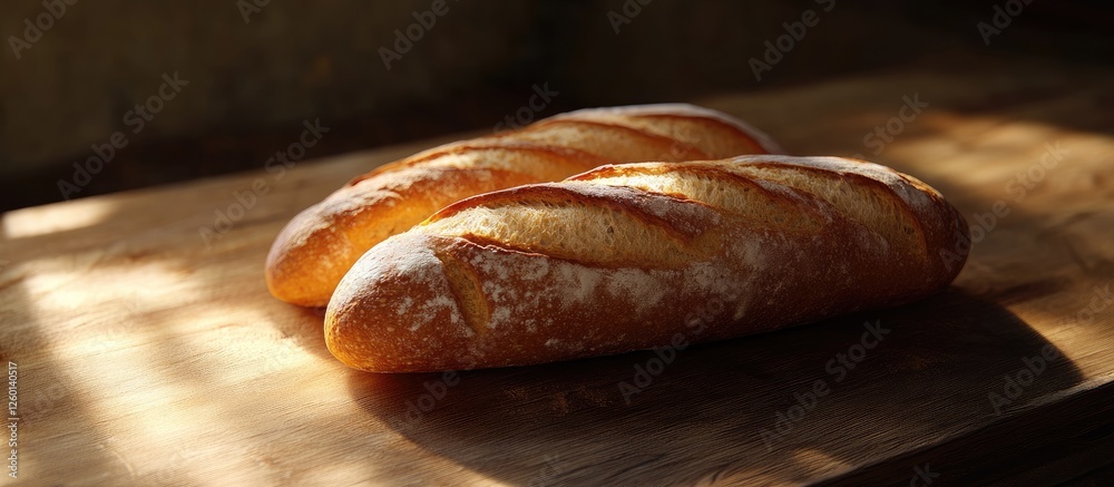Poster golden brown french baguettes placed side by side on a rustic wooden table with soft shadows highlig