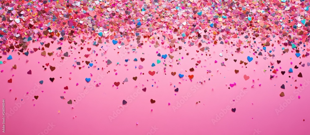 Aufkleber heart shaped confetti in various shades of red and pink scattered across a soft pink backdrop creati