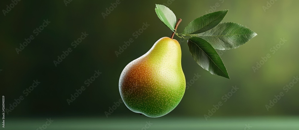 Poster ripe green pear with leaves floating on a blurred green background showcasing a levitation concept i