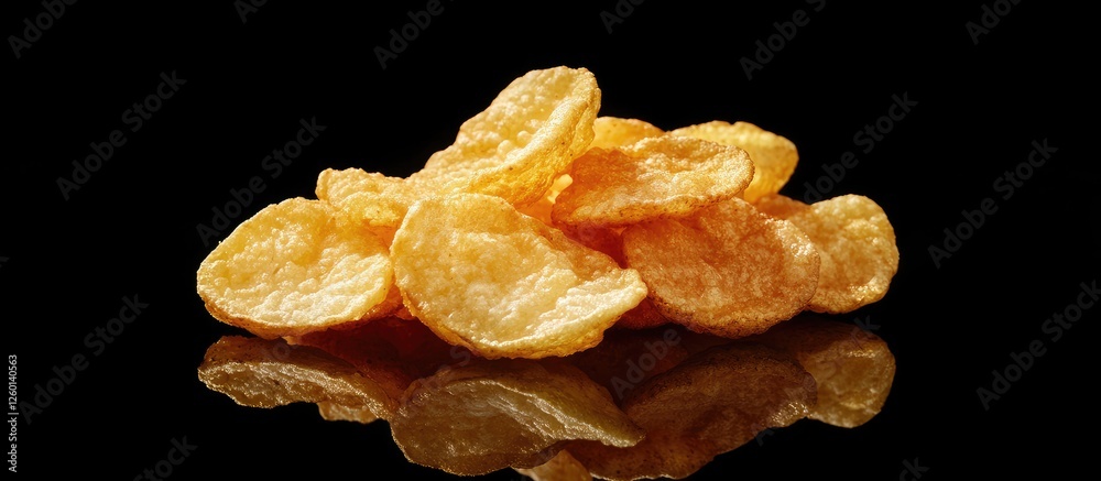 Poster crispy golden colombian puffed potato chips stacked on a reflective black surface highlighting their