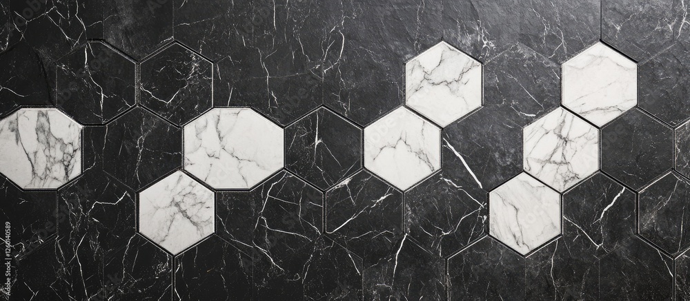 Leinwandbilder High resolution hexagonal white marble tiles arranged on a dark black background showcasing elegance and versatility for modern design applications