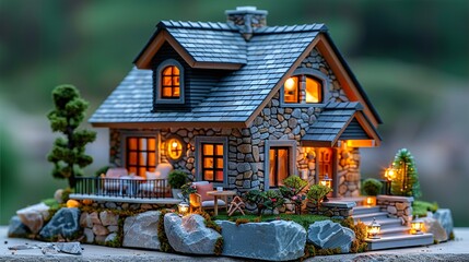 Fototapeta premium A small dollhouse with miniature furniture inside. HD 8K wallpaper Photographic Image