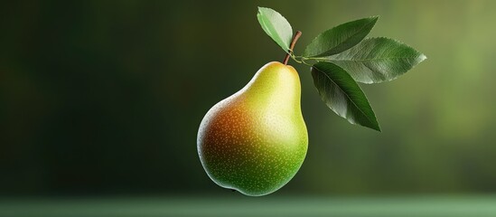 Obraz premium Ripe green pear with leaves floating on a blurred green background showcasing a levitation concept in high resolution, highlighting freshness and vitality