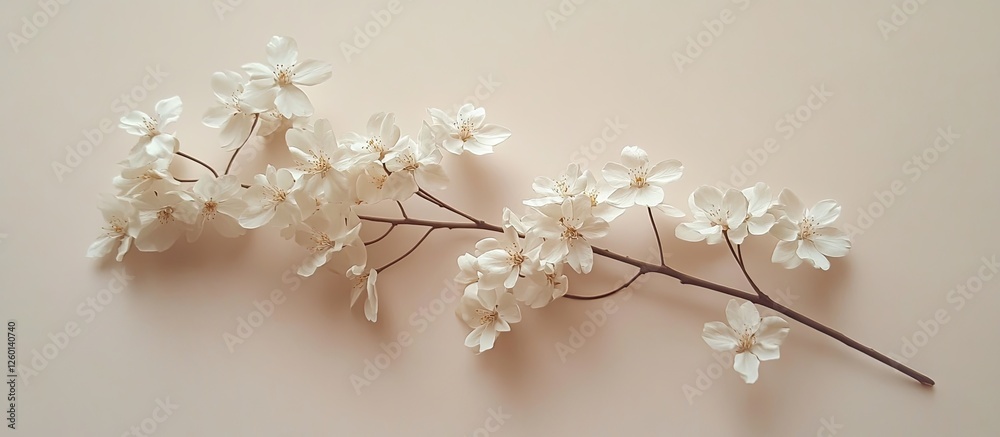 Fototapete Elegant white cherry blossom branch positioned horizontally on a soft light pink background creating a serene atmosphere with ample space for text.