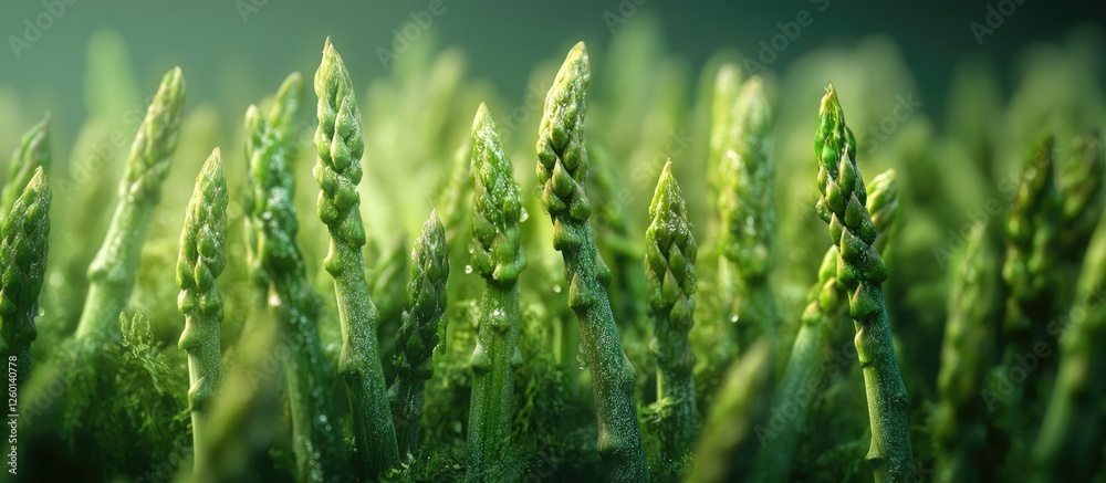 Poster Fresh green asparagus spears with dew droplets arranged in rows against a soft blurred green background showcasing vibrant colors and textures