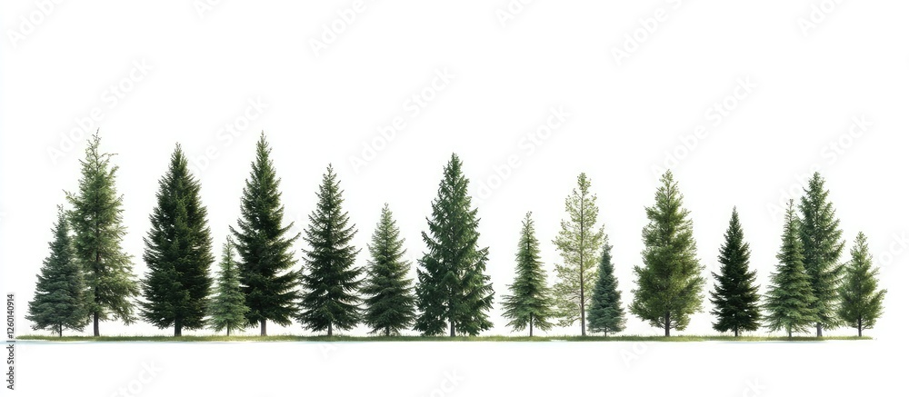 Poster variety of green conifer trees arranged in a row on a white background showcasing summer foliage ide