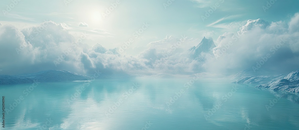Aufkleber serene turquoise lake reflects soft clouds against a backdrop of gentle mountains under a bright sky