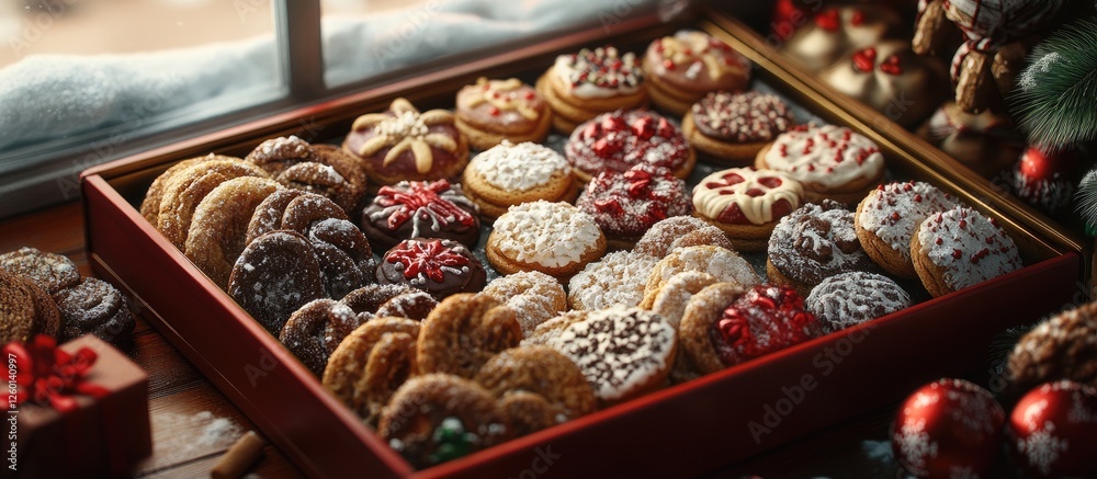 Poster festive assortment of colorful holiday cookies in a red wooden box placed near a window with winter 