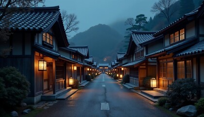 Ancient Japanese village night scene with soft glowing lanterns illuminating traditional wooden houses
