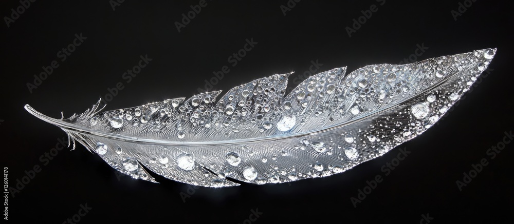 Poster glistening silver feather with sparkling water droplets on its surface positioned diagonally against