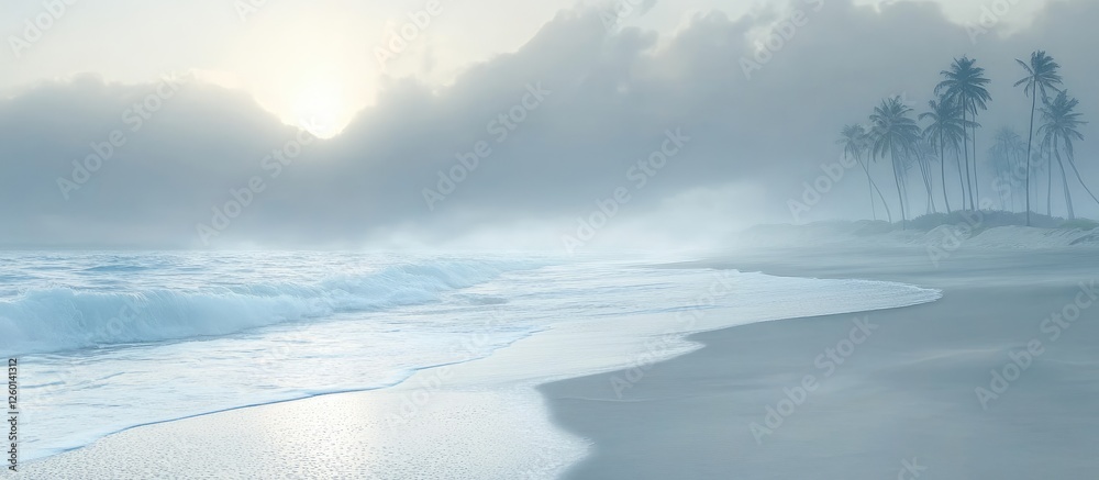 Poster foggy beach morning with soft waves lapping at an empty sandy coastline; towering palm trees silhoue
