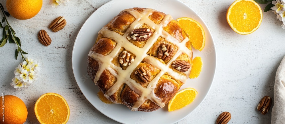 Poster easter hot cross buns with apricot glaze sliced oranges and pecans arranged on a white plate surroun