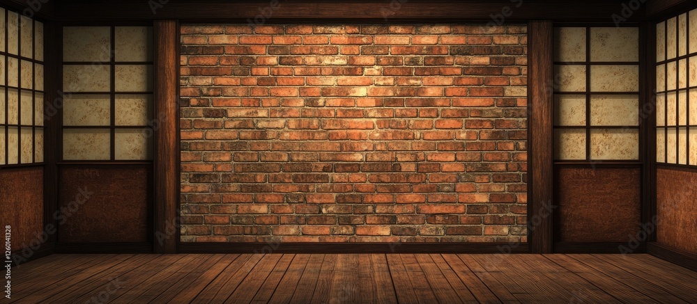 Poster textured brick wall in warm earthy tones with a wooden floor, framed by traditional windows, creatin