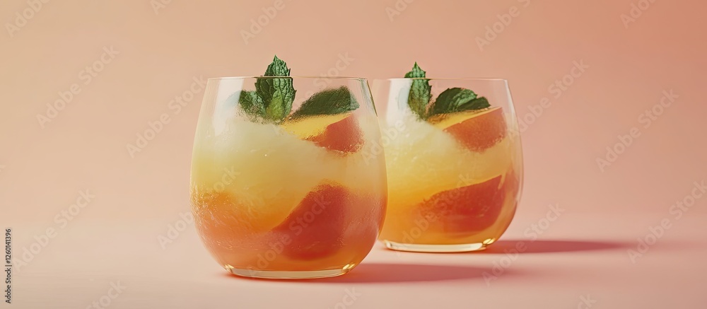 Poster peach smoothie with mint in contemporary stemless glasses on soft peach background with light reflec