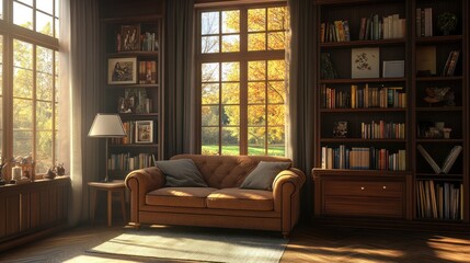 Cozy living room with autumn view and bookshelves