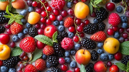 Fototapeta premium Colorful summer berries & apricots, overhead shot, food background, healthy eating