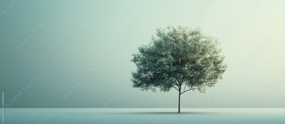 Poster Lone green deciduous tree positioned centrally on a light gradient background with soft shadows creating a serene minimalist atmosphere