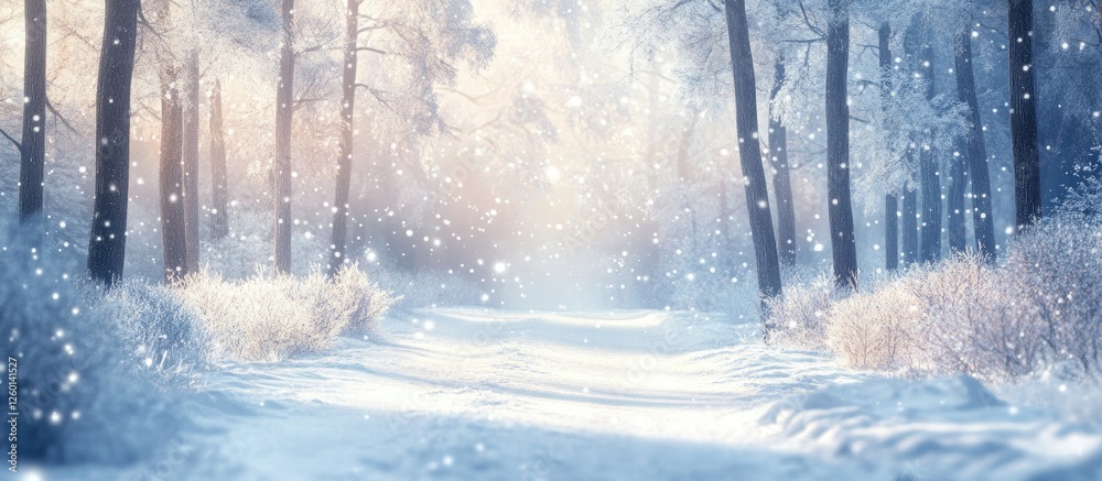 Poster winter forest landscape featuring serene snow-covered ground and tall trees in soft blue and white h