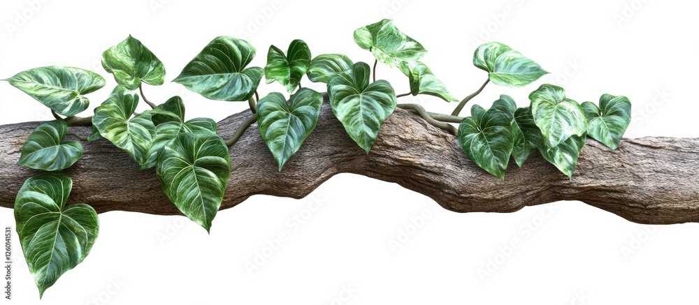 Aufkleber Tropical green fiddle leaf philodendron vines with textured leaves cascading over a rustic brown tree trunk isolated on white background.