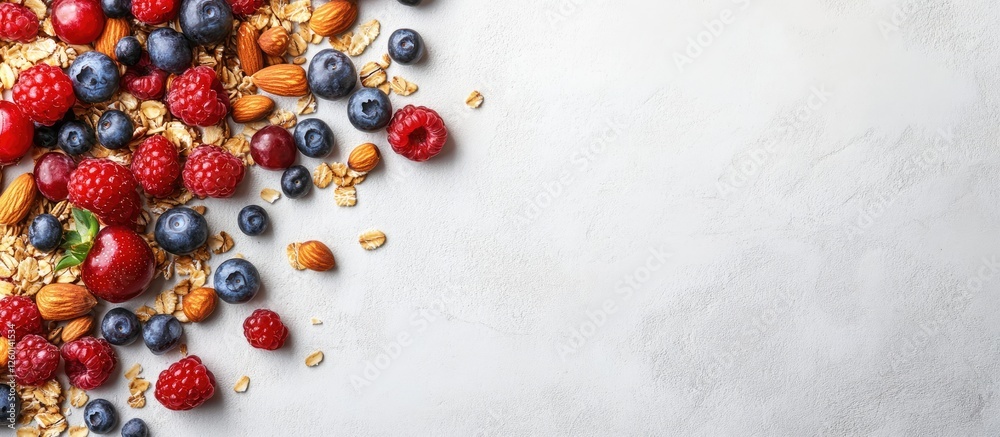Poster colorful assortment of mixed berries and nuts scattered on a light gray stone surface with ample cop