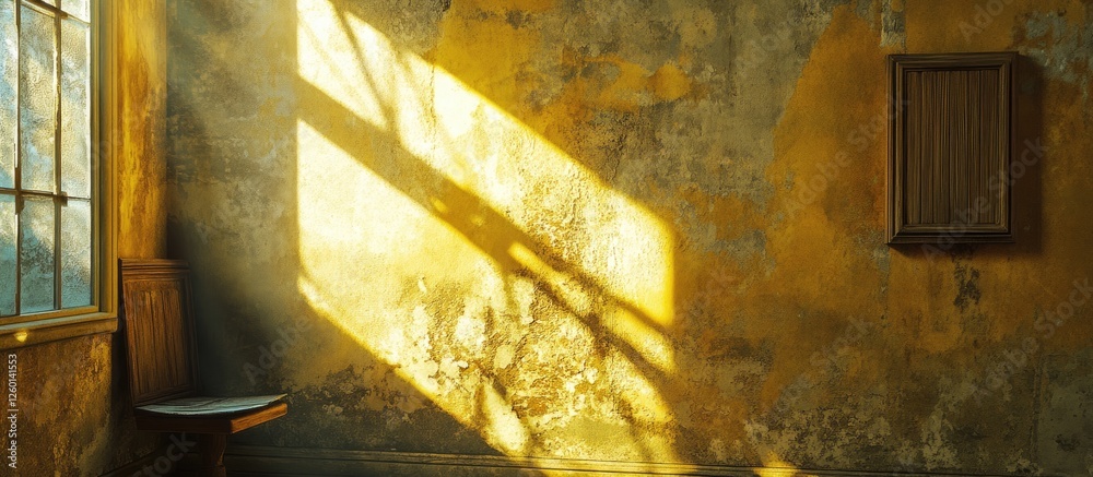 Aufkleber warm golden light casts long shadows on a weathered wall showcasing visible cracks and unique textur