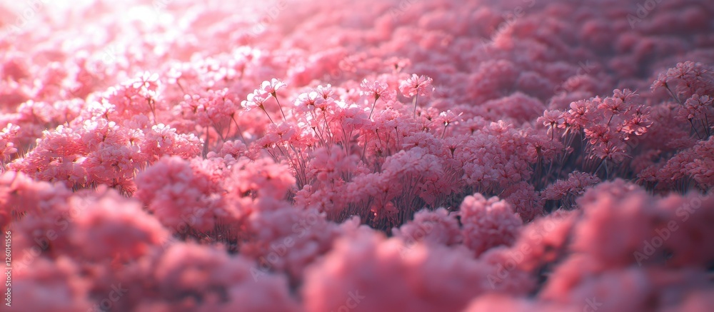 Poster vibrant pink wildflowers blanket the field under soft sunlight creating an abstract spring nature ba