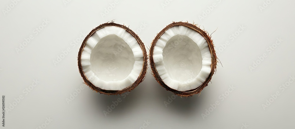 Poster Halved coconut shells displayed side by side against a smooth white background highlighting their textures and inner surfaces