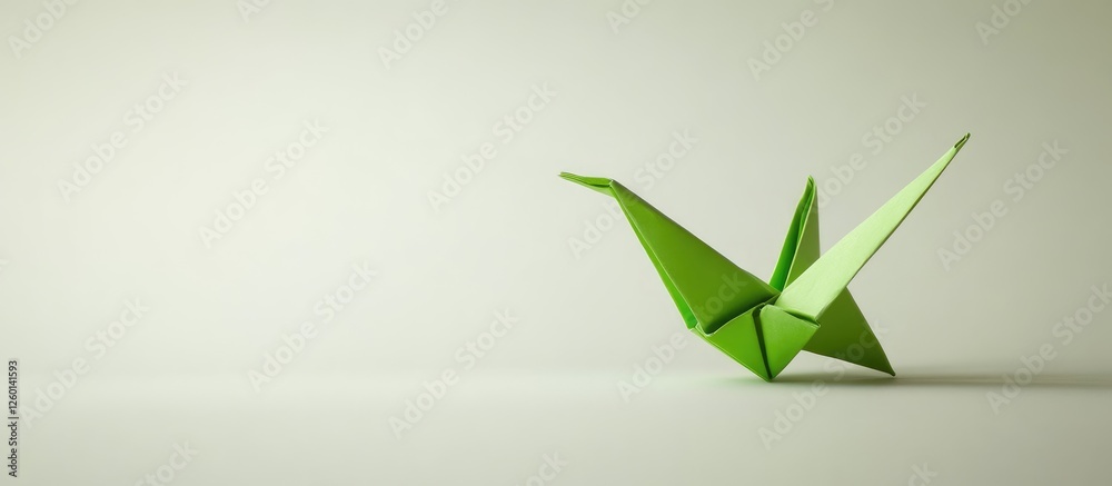 Poster green origami crane positioned on a light beige background with soft shadows highlighting its folds 