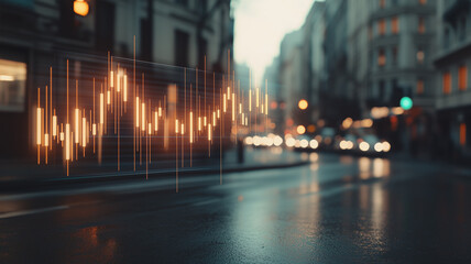 Cityscape Stock Market: Dynamic candlestick chart overlayed on a blurred cityscape at night, representing the interplay between finance and urban life.