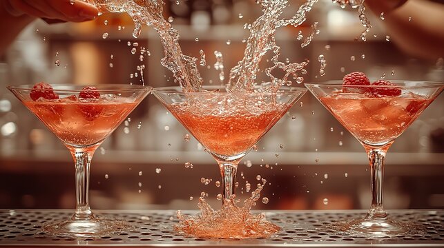 in the martini class a bartender is making and serving red cocktails cocktail cosmopolitan on a metal backdro