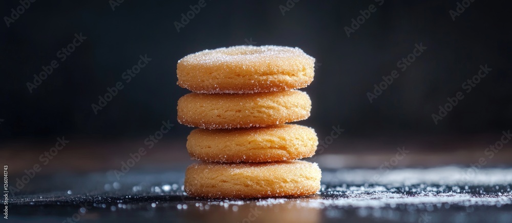 Aufkleber Crispy round sugar-dusted biscuits stacked on a dark wooden surface with a sprinkle of sugar creating a rustic and appetizing appeal