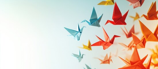 Colorful origami cranes in flight against a soft gradient background featuring light blue and cream tones, creating a whimsical and uplifting atmosphere.