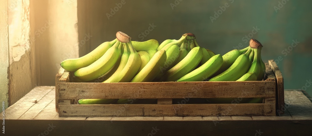 Poster vibrant green bananas are artistically arranged in a rustic wooden crate on a sunlit table with a mu