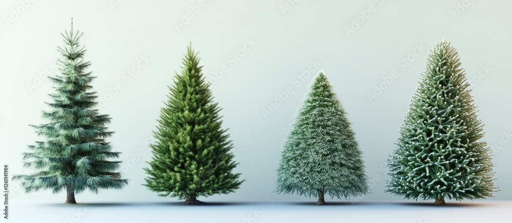 Poster Four Christmas trees in various styles positioned from left to right with snowy and green hues showcasing both unadorned and decorated appearances.
