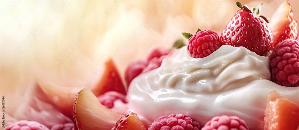 Aufkleber Delicious yogurt topped with ripe strawberries and raspberries, various fruits in soft focus background creating a fresh and inviting atmosphere.