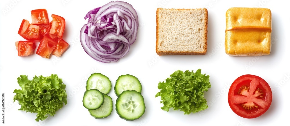Poster colorful ingredients for a sandwich arranged in two rows on a white background featuring red tomatoe