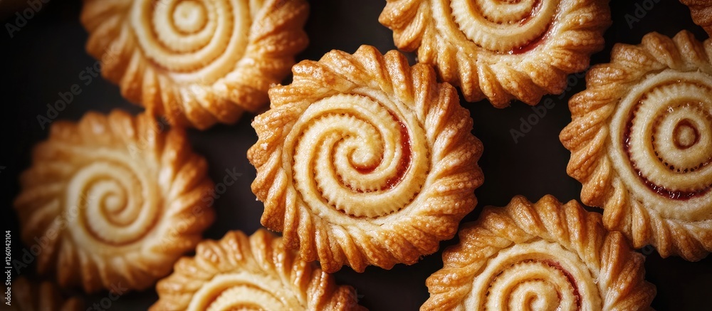 Poster Golden-brown Crostata cookies with a Fibonacci swirl design arranged in a circular pattern on a dark background highlighting their intricate texture.