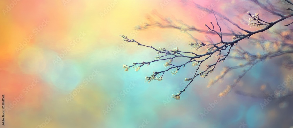 Poster Delicate flowering branches on the left against a soft colorful blurred background with shades of pink, blue and lavender representing spring.