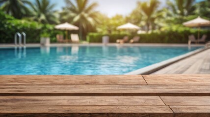 Wooden top with blurred empty Swimming pool background can be used for mocking up or display product to make advertising.