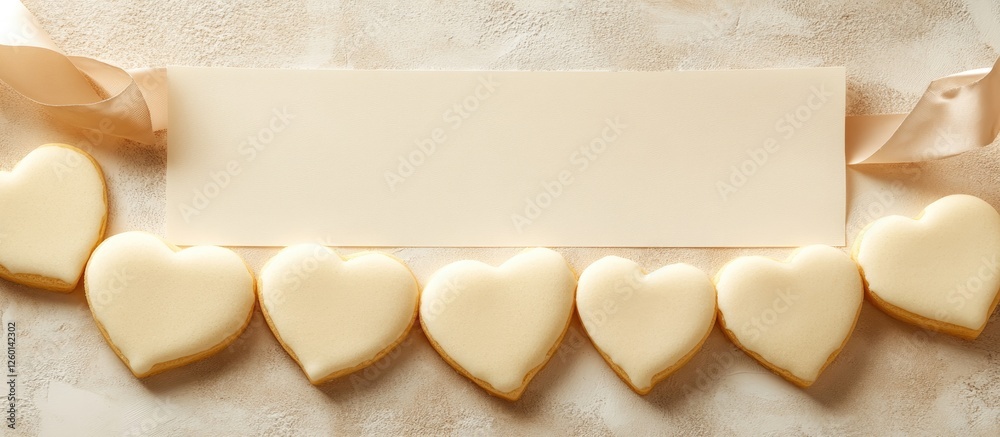 Aufkleber Festive heart-shaped sugar cookies with white icing arranged in a row with a blank banner above for personalized holiday messages in soft colors.