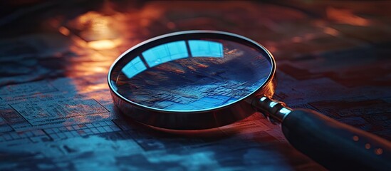 Magnifying glass resting on financial documents in blue and orange lighting highlighting the importance of forensic accounting and financial analysis