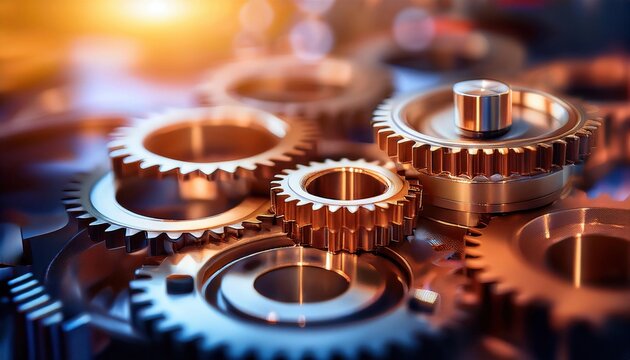 Arranging gears on table with blurry background concept of engineering innovations manufacturing excellence technical expertise - copyspace
