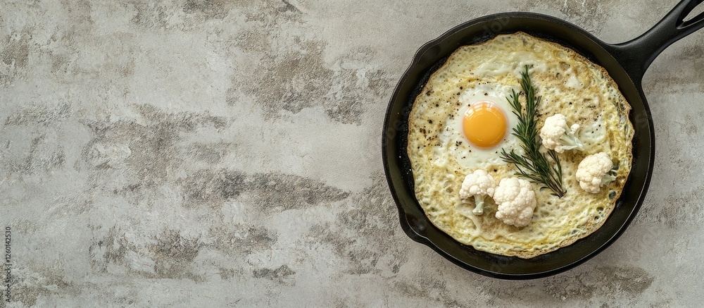 Poster healthy breakfast featuring a golden egg omelet with cauliflower in a black cast iron pan on a light