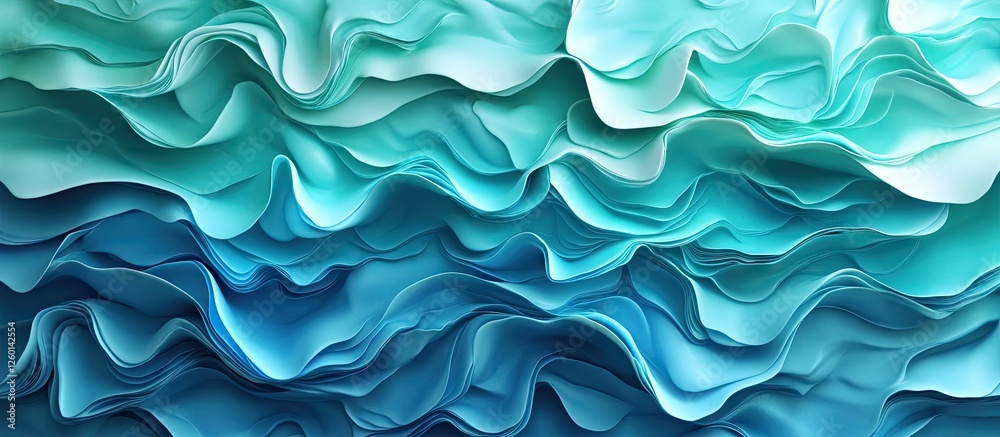 Fototapete flowing abstract waves in gradient shades of teal, aqua, and deep blue, creating a textured, layered