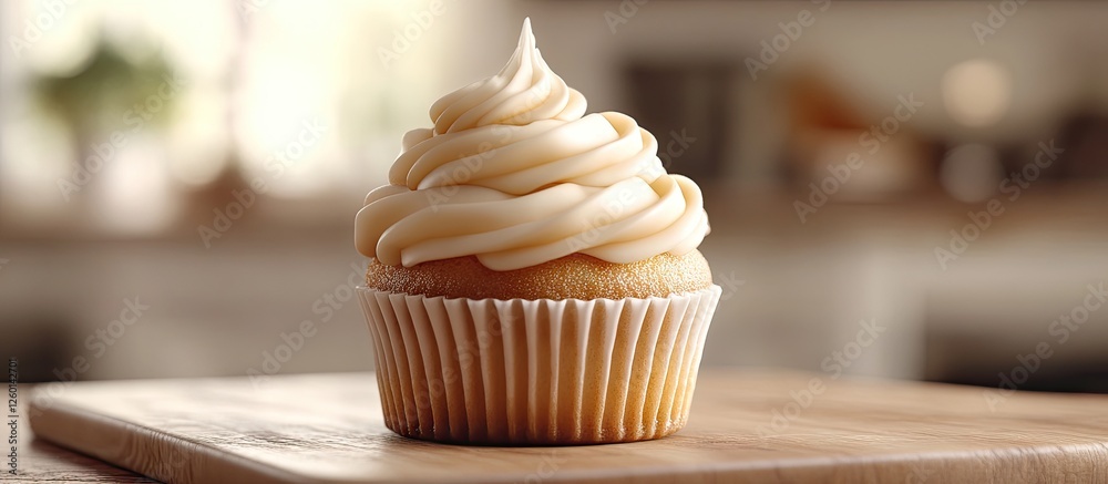 Poster vanilla cupcake with swirled white frosting positioned on a wooden board in a soft-lit kitchen, crea
