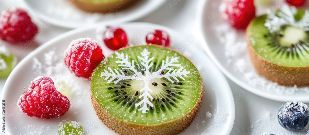 Poster Delightful festive fruit arrangement featuring kiwi slices with snowflake pattern surrounded by raspberries and blueberries on bright white background