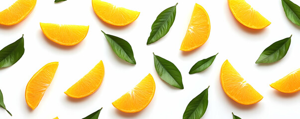 Fototapeta premium Orange slices, leaves, white, food flatlay, recipe