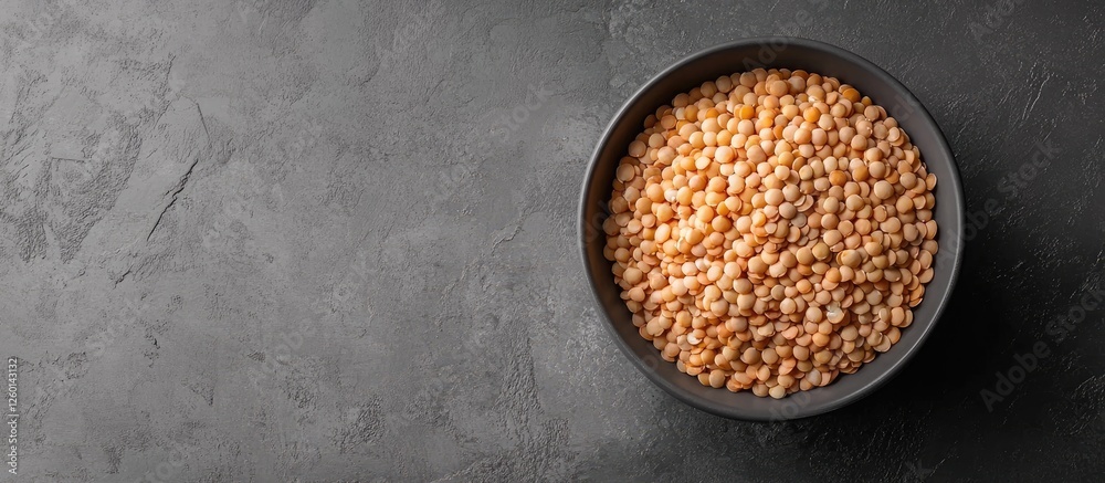 Poster close up view of raw beige split peas in a black bowl positioned centrally against a textured dark g
